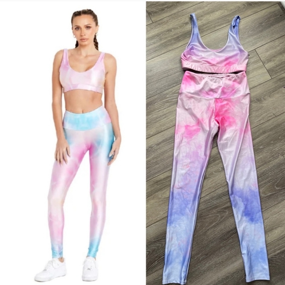 GoldSheep 2 piece pink purple pastel tie dye high rise leggings and bra size M